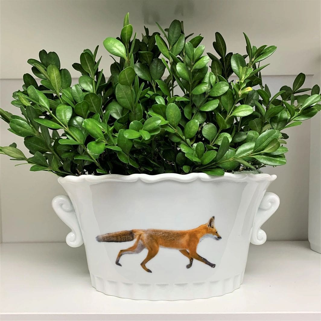 A white planter with green plants in it.