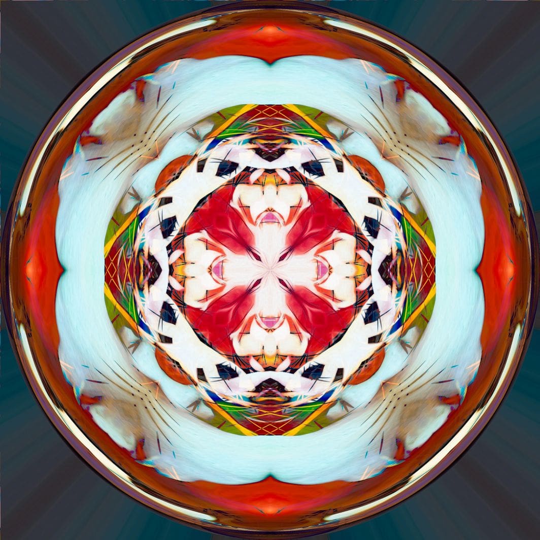 A circular pattern of red, white and blue colors.
